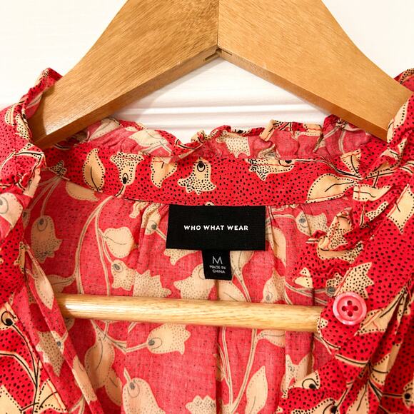 Who What Wear Red Floral High Neck Blouse Ruffle Trim Women’s Size Medium EUC - Picture 5 of 7